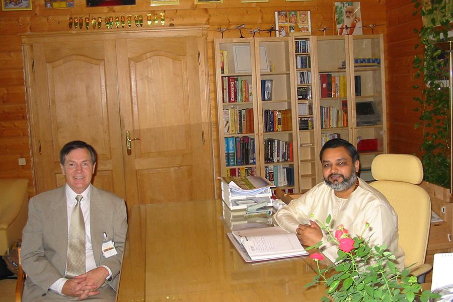 Brahmachari Girish Ji with Dr. Dennis Heaton, Management Faculty of Maharishi University of Management, Fair Field, IOWA, USA in his office at Holland. 2003
